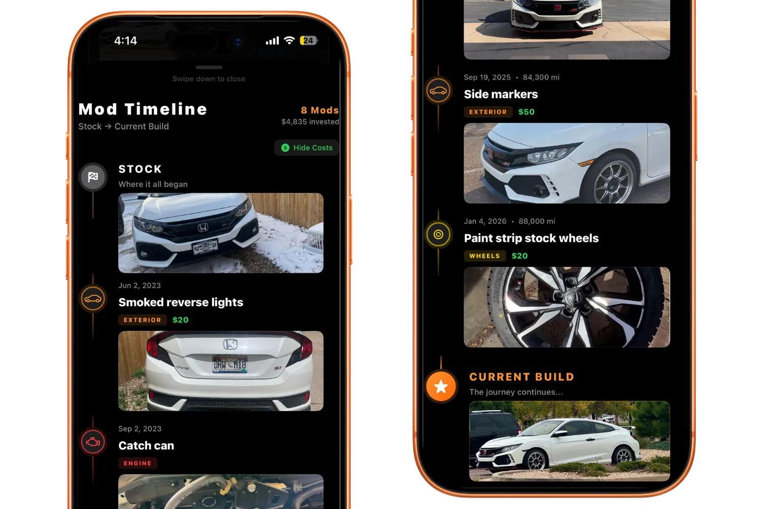 Mobile app mod timeline showing white Honda Civic with exterior and engine upgrades and costs.