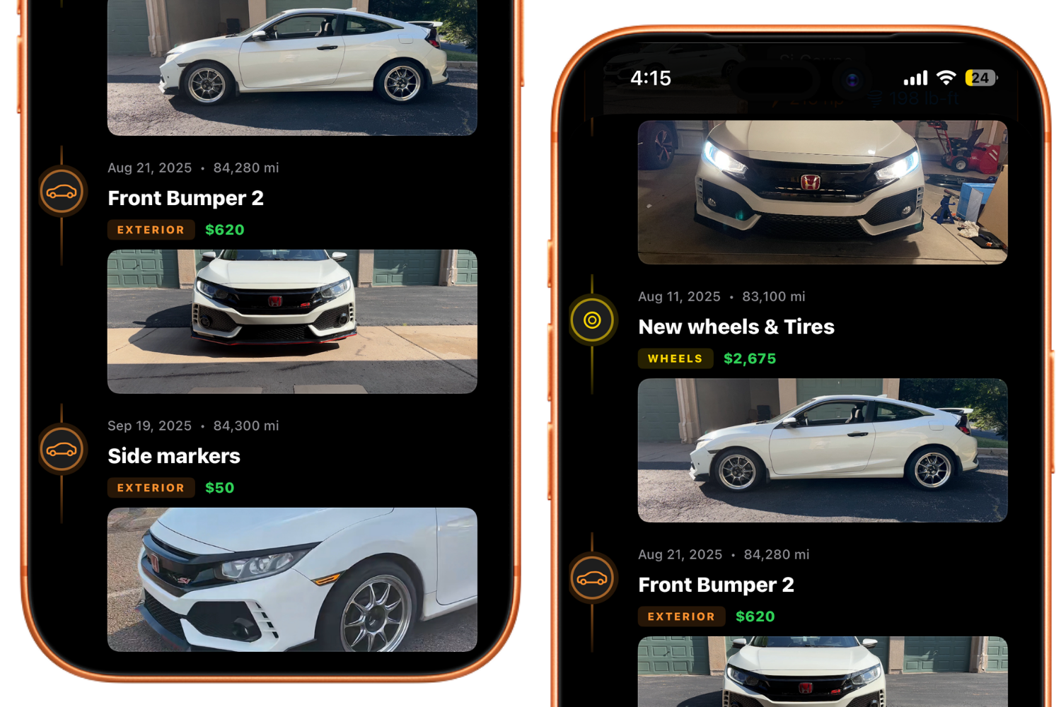 Car build timeline on phone showing new wheels and tires, front bumper repair, and side markers.