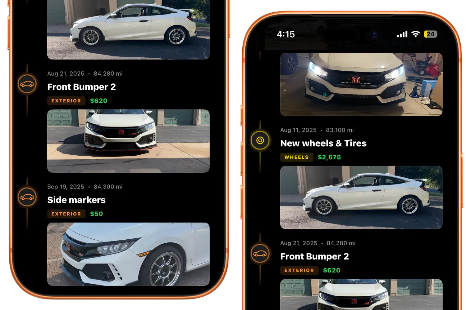 Car build timeline on phone showing new wheels and tires, front bumper repair, and side markers.