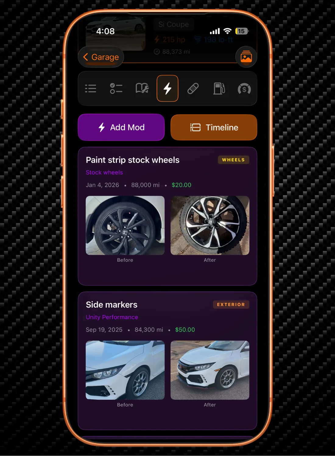 Mobile app screen showing before and after photos of car mods: painted wheels and added side markers.