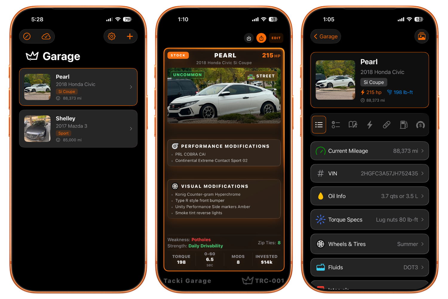 Three phone screens showing a garage app with car details and modifications for 2018 Honda Civic Si Coupe.