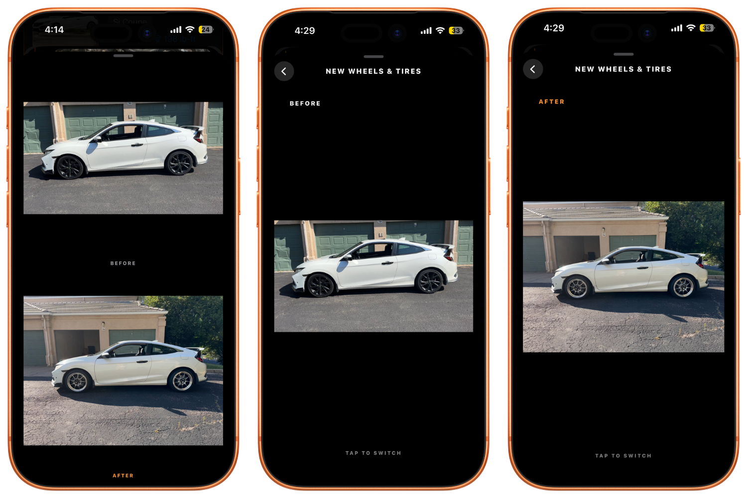 Side-by-side views of a white coupe before and after changing its black wheels to silver wheels.
