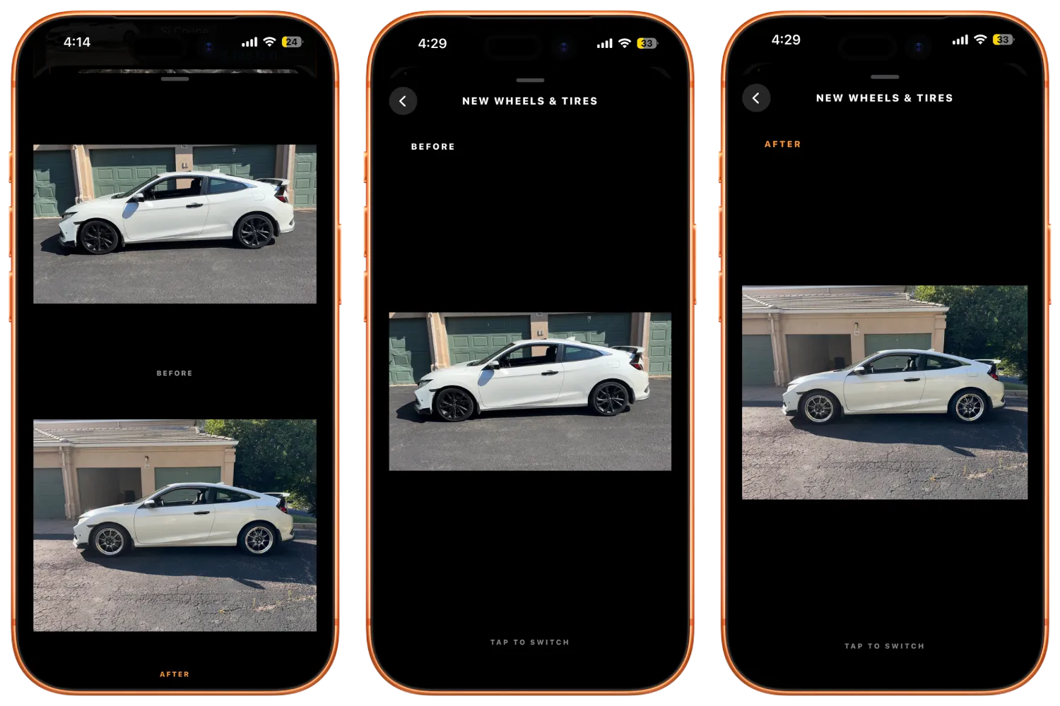 Side-by-side views of a white coupe before and after changing its black wheels to silver wheels.