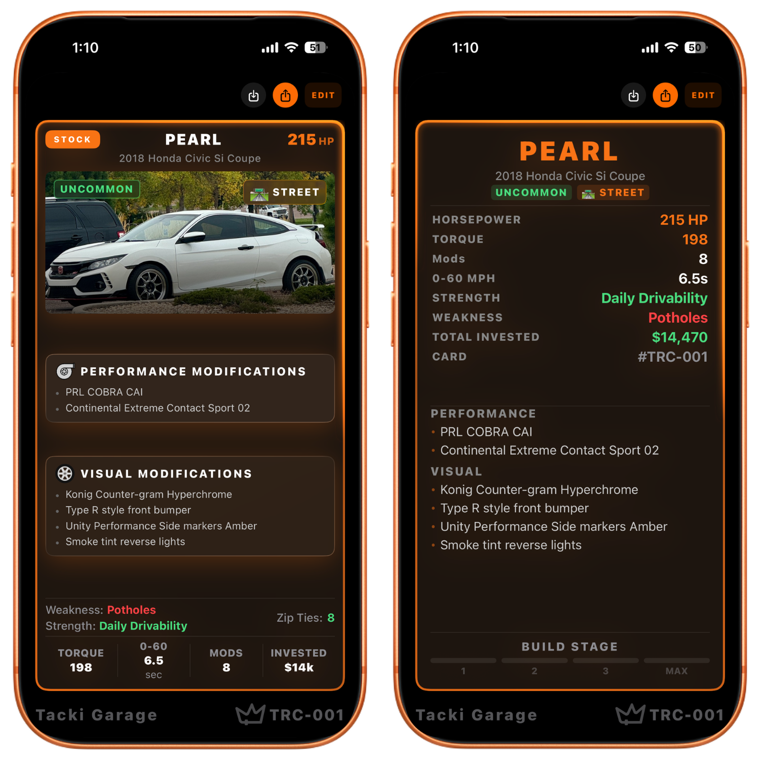Two orange-bordered phones showing details of 2018 Honda Civic Si Coupe car named Pearl with specs and modifications.