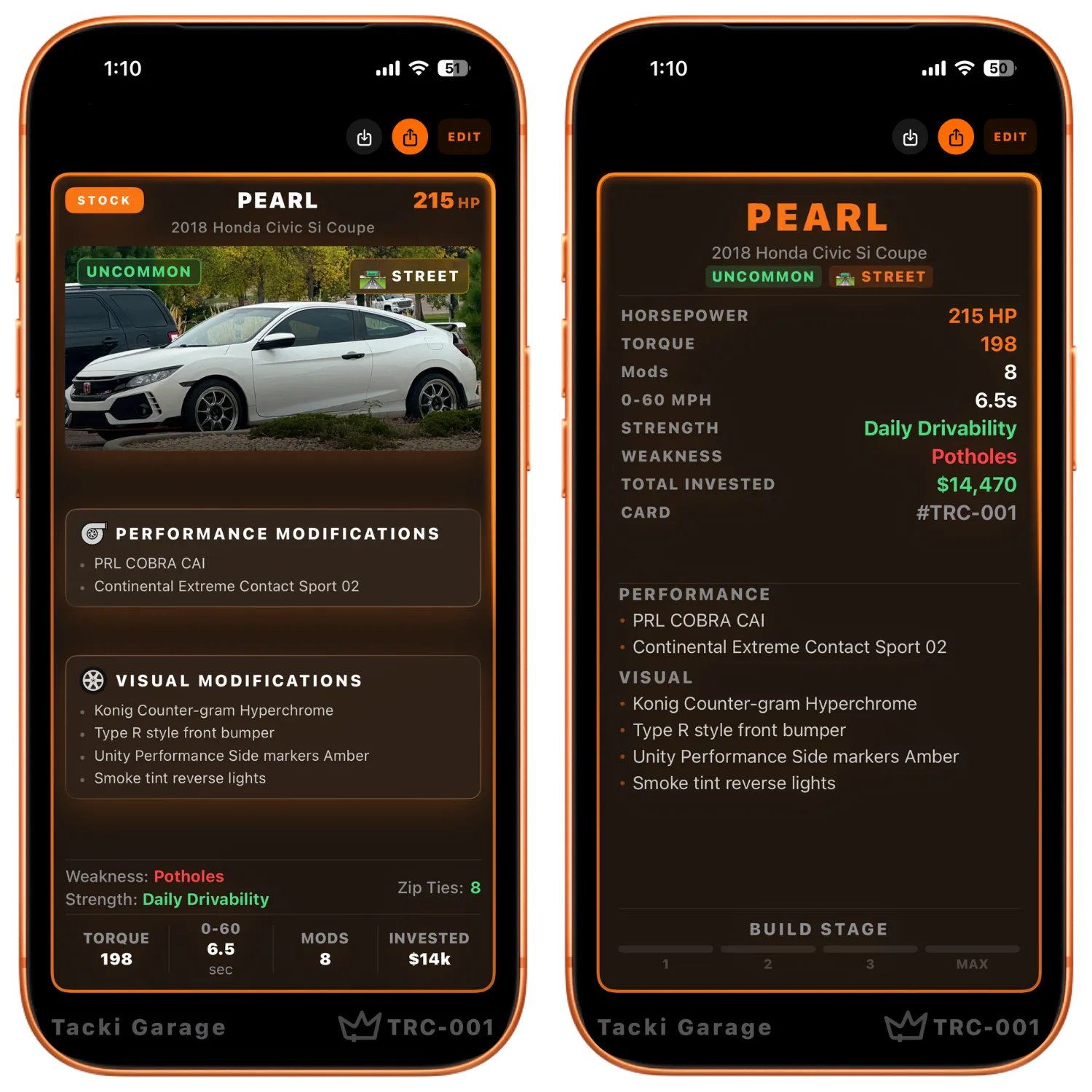 Two orange-bordered phones showing details of 2018 Honda Civic Si Coupe car named Pearl with specs and modifications.