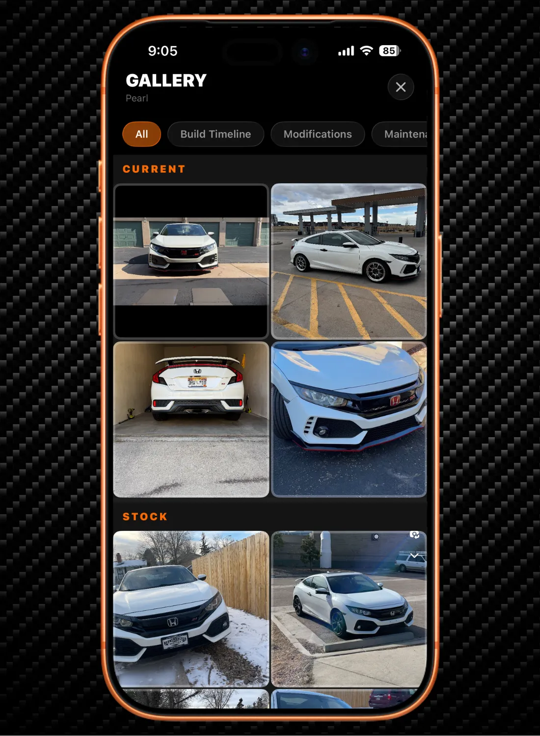 Smartphone screen displaying a car gallery with images of white Honda Civic cars in parking and garage settings.