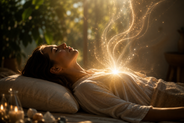 Femme allongée et détendue lors d'une séance de soin énergétique, lumière au niveau du cœur