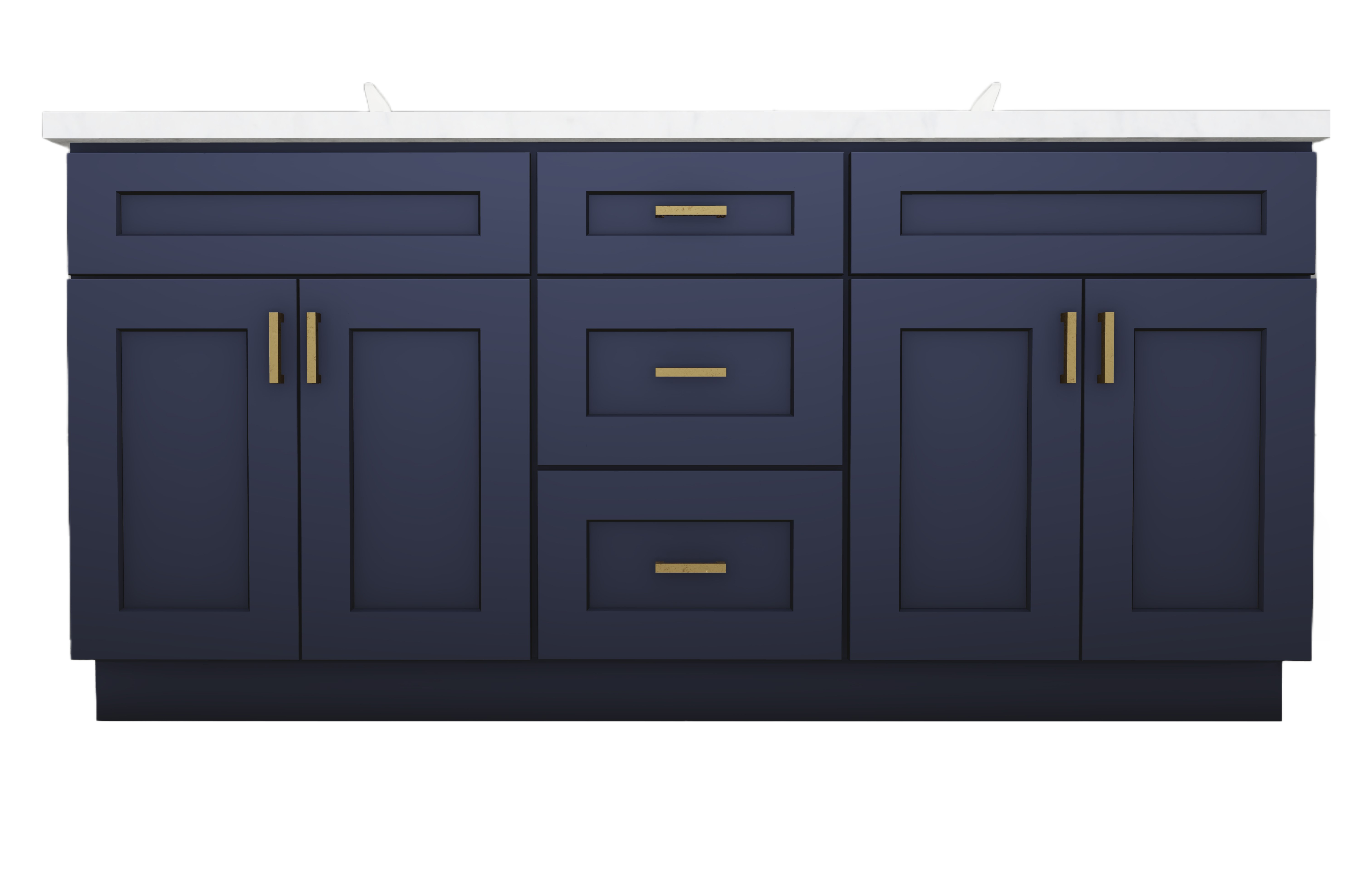 Navy 72-inch double-sink Shaker vanity with brass hardware