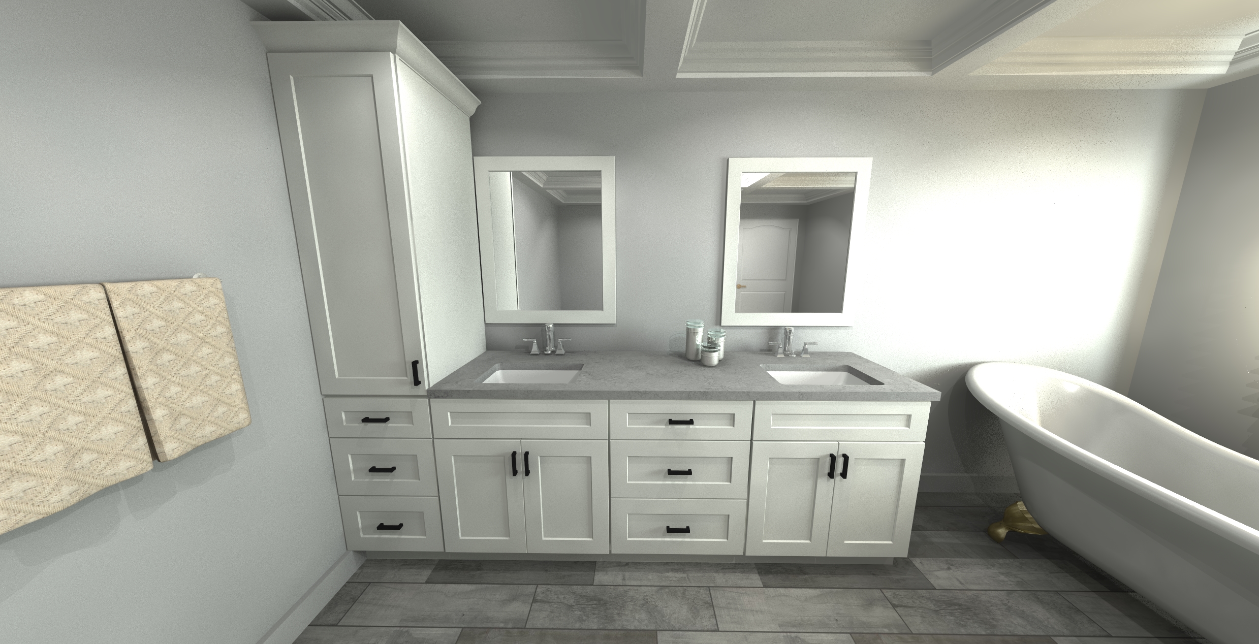 3D rendering of a bathroom layout with a double vanity and tall storage cabinet