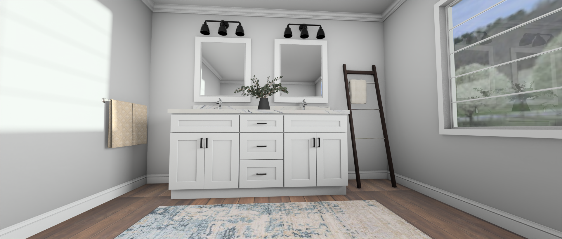 3D bathroom design with a white double vanity, black light fixtures and wood-look floor