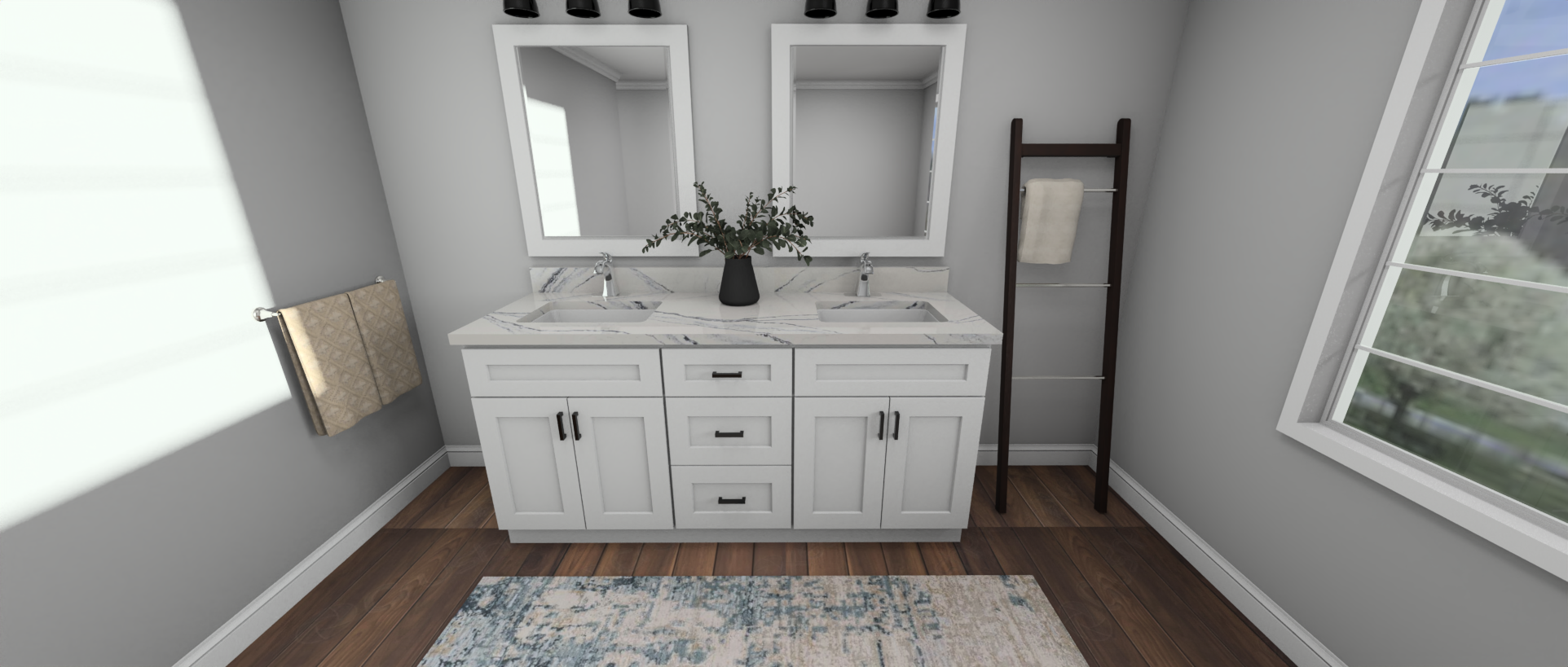 White Shaker double vanity with stone top and twin mirrors in a 3D bathroom design