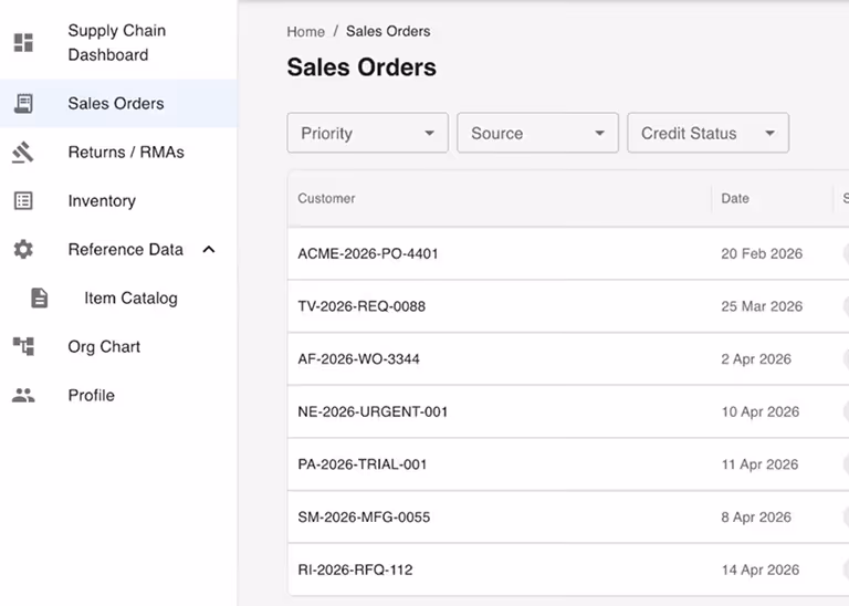 Sales orders dashboard showing a list of customer order IDs with corresponding dates in March and April 2026.