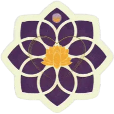 Abstract purple flower with a yellow lotus design in the center and a small circle above it.
