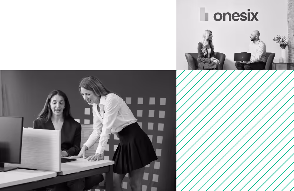 Two women collaborating at a computer desk and two colleagues discussing with laptop by a wall with onesix logo.
