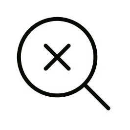 Magnifying glass with a grey 'X' inside the lens on a white background.
