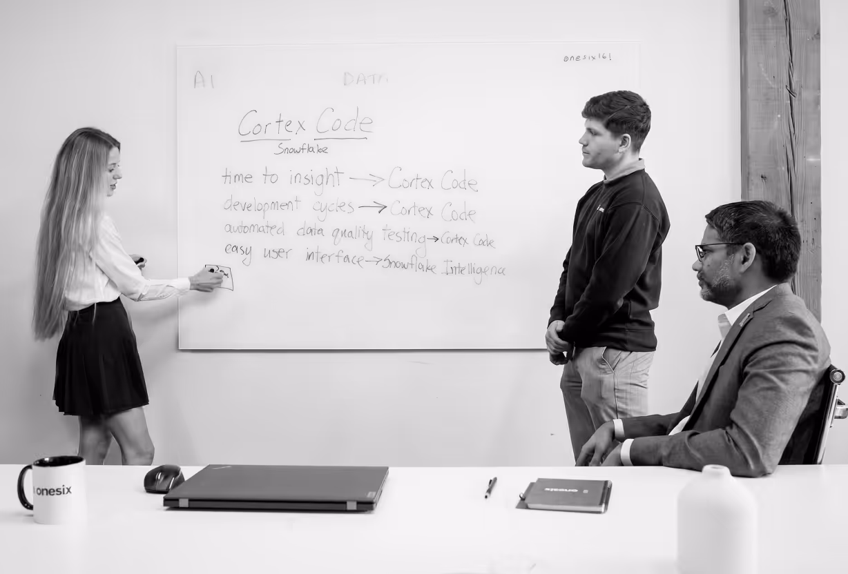 Three professionals in a meeting room with a whiteboard discussing Cortex Code and Snowflake Intelligence concepts.