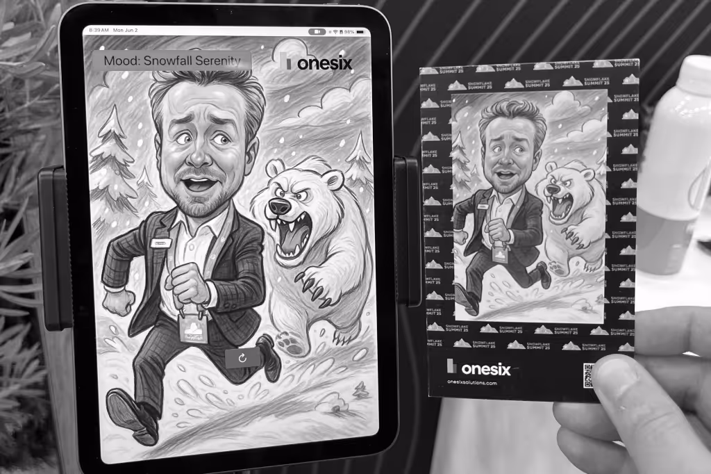 Caricature of a man running from an angry polar bear in snowy forest displayed on a tablet and printed card.