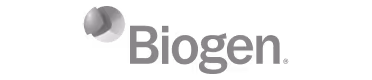 Biogen company logo with overlapping blue and green shapes.