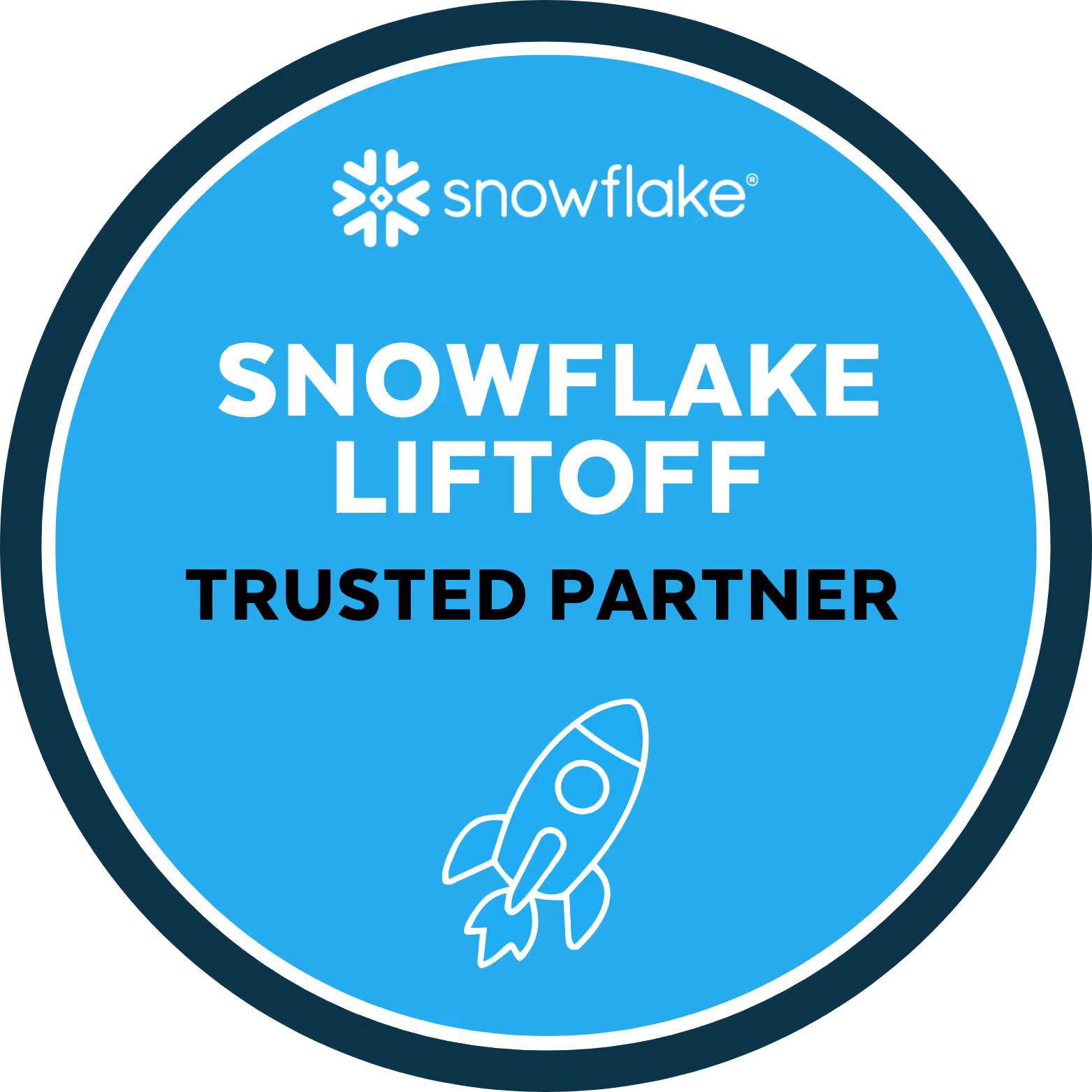 Blue circular badge with Snowflake logo, text Snowflake Liftoff Trusted Partner, and rocket icon.