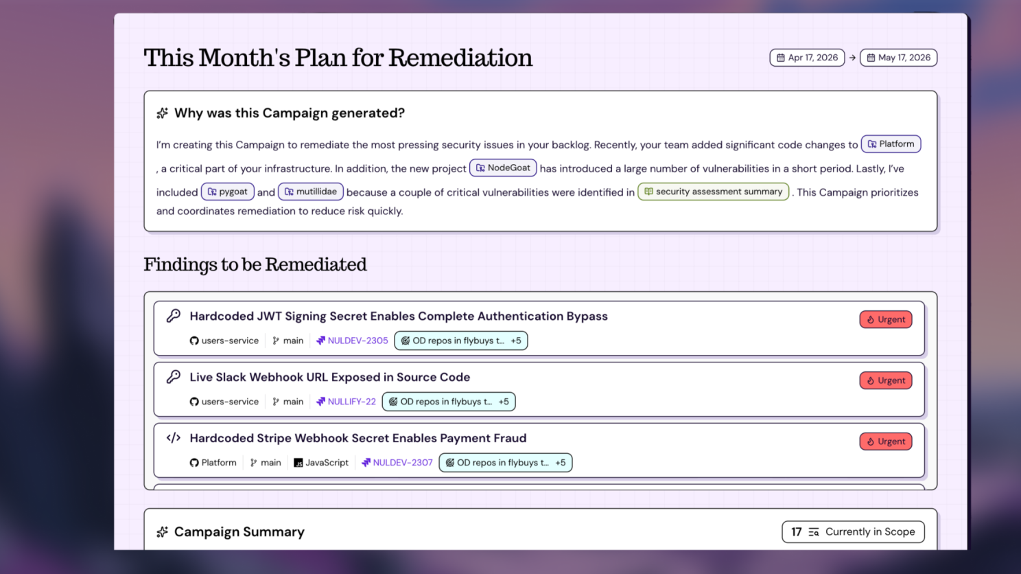 Campaign dashboard: backlog in, fixes out
