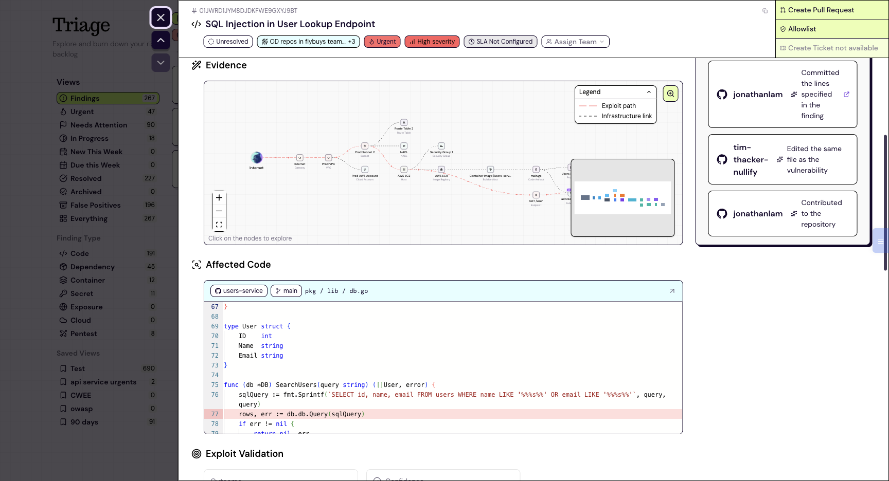A finding evidence: the exploit path from the internet to the vulnerable line, with the affected code