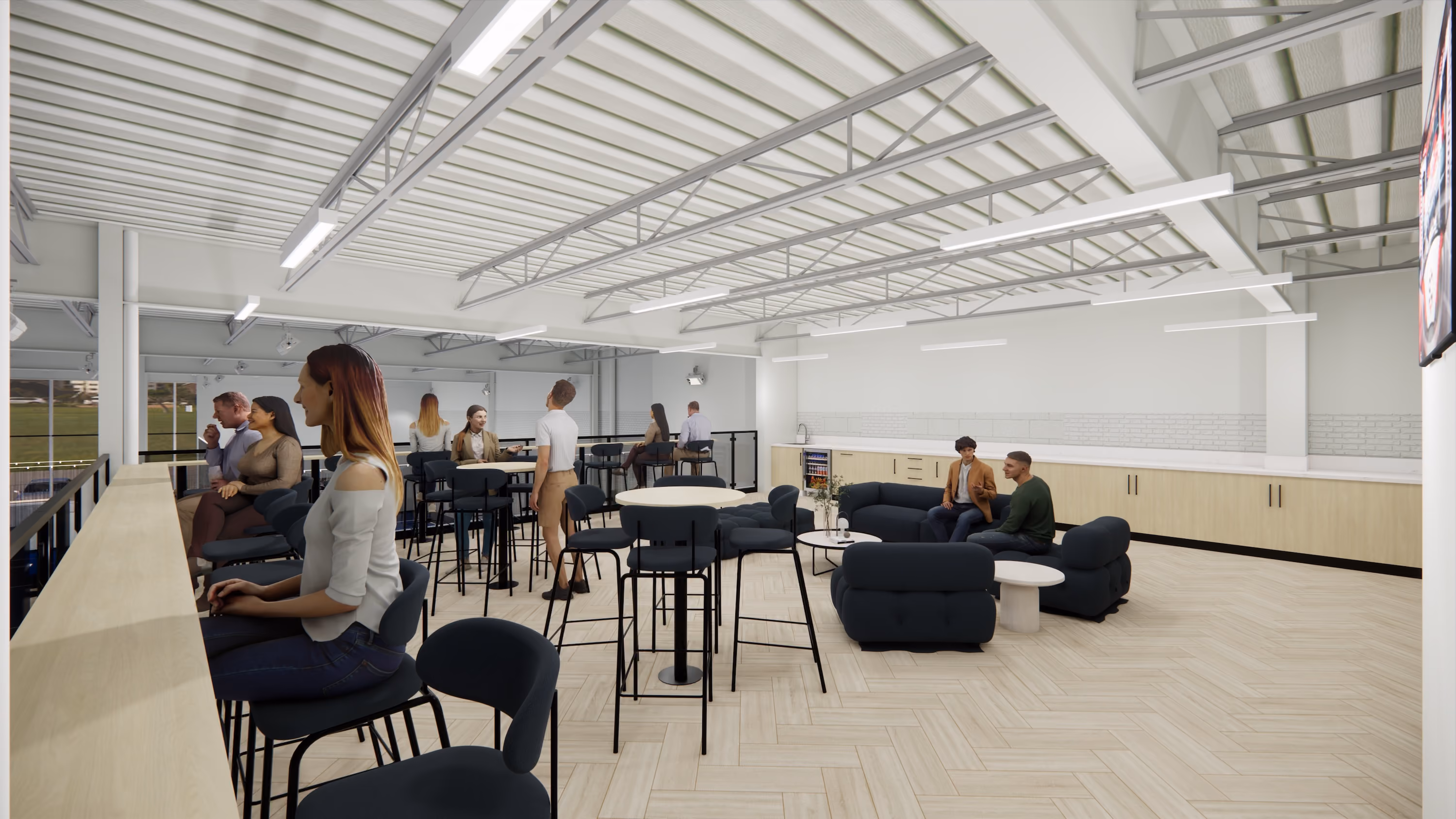 Modern social lounge with people seated at tables, bar counters, and sofas under exposed beam ceiling.