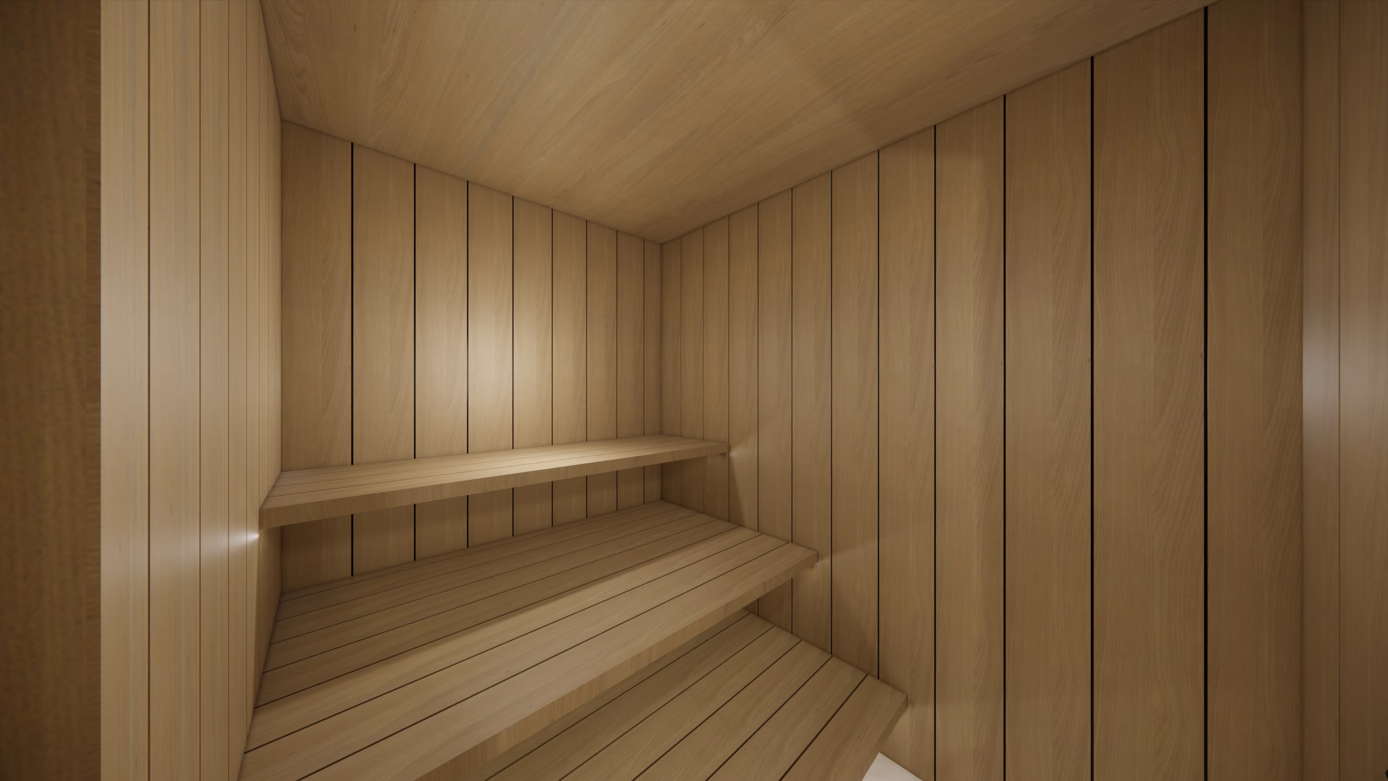 Interior of a wooden sauna with two levels of bench seating along the walls.