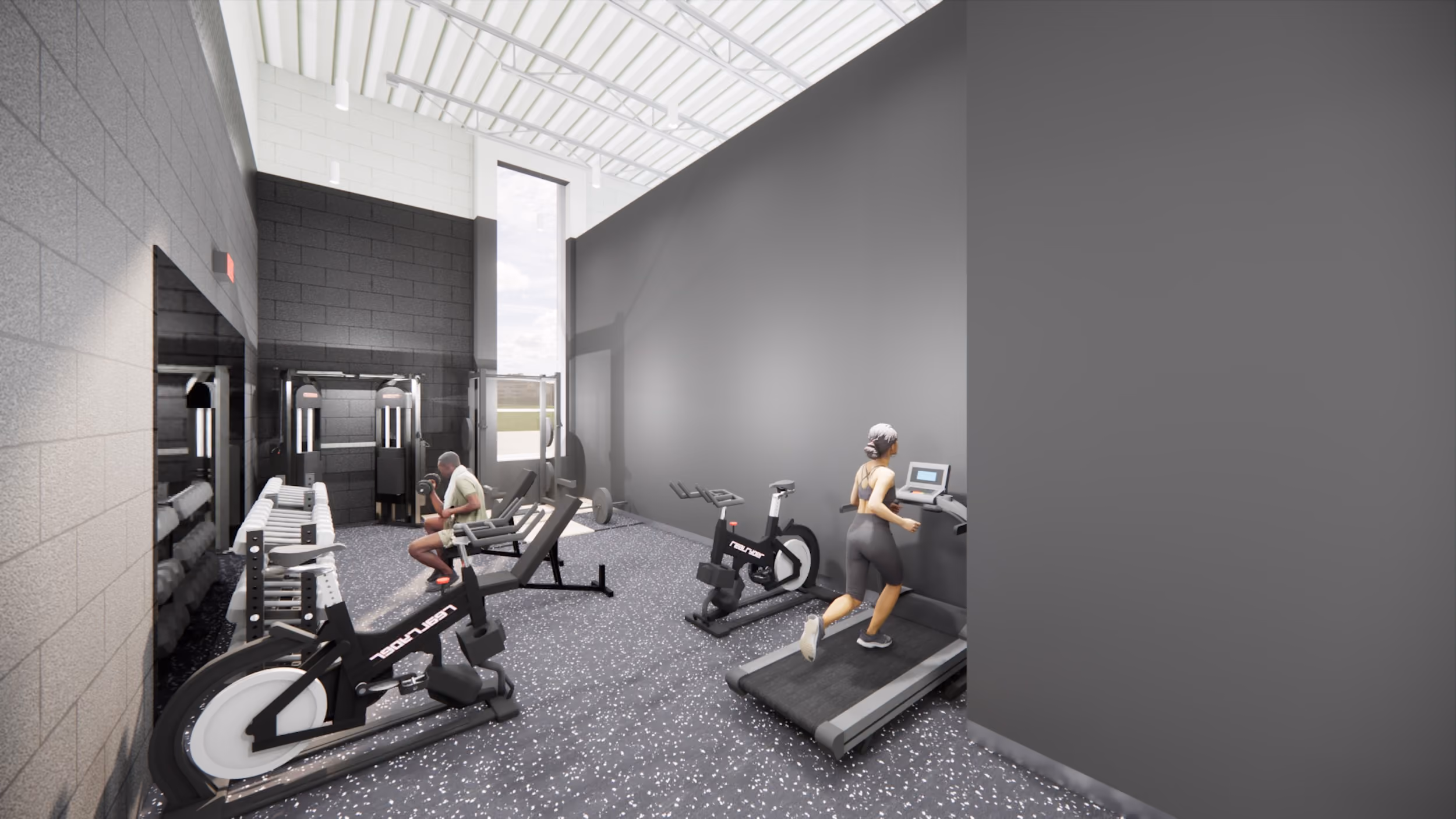 Gym room with two exercise bikes, a treadmill with a woman running, and a man lifting dumbbells.