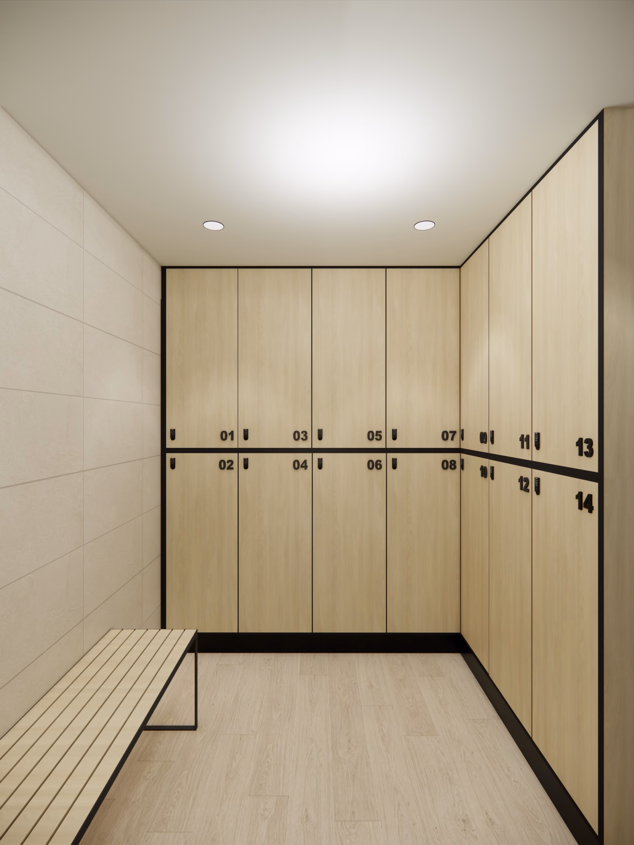 Locker room with numbered wooden lockers and a slatted bench along the tiled wall.