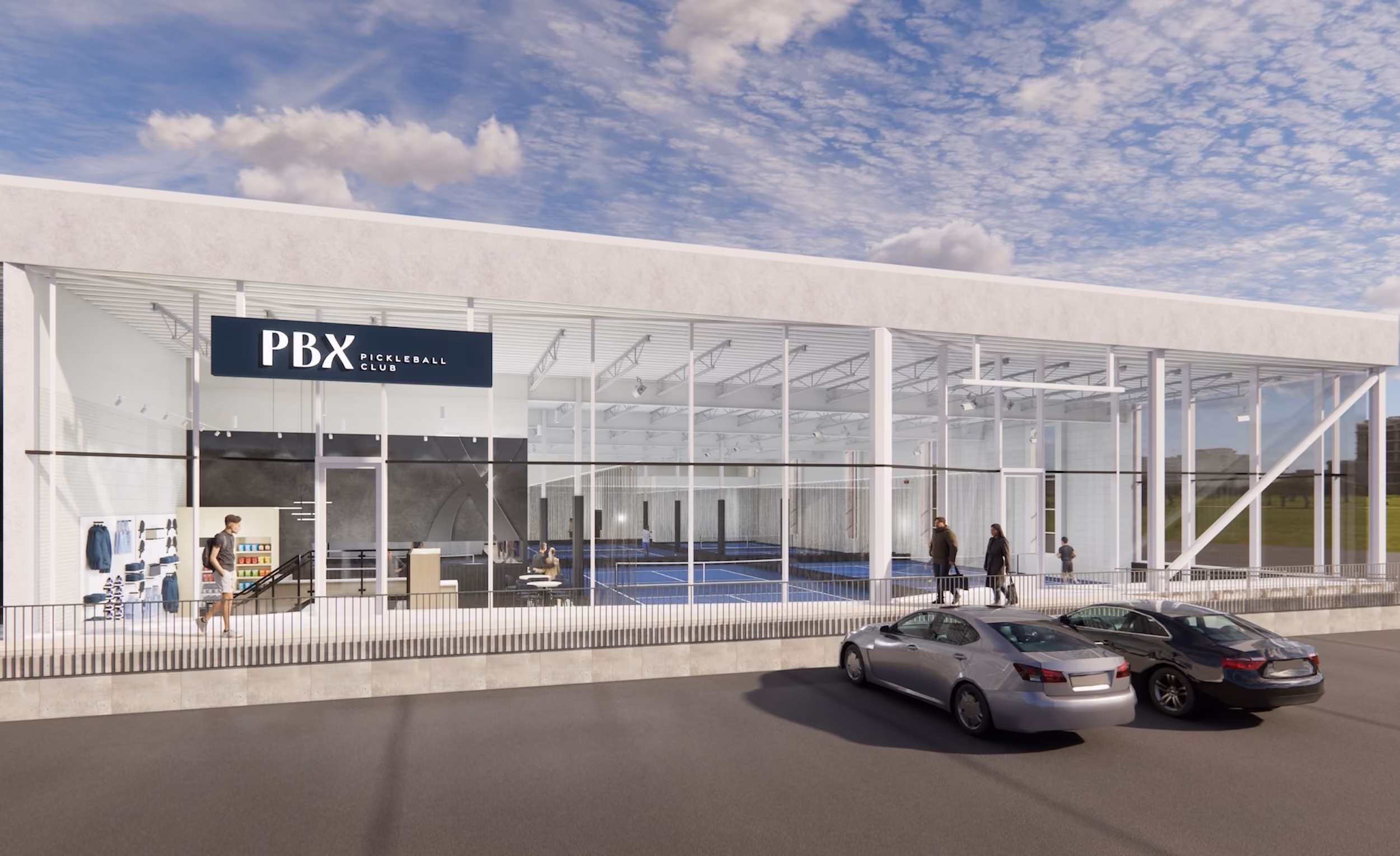 Modern PBX Pickleball Club building with glass walls showing indoor courts and people outside.