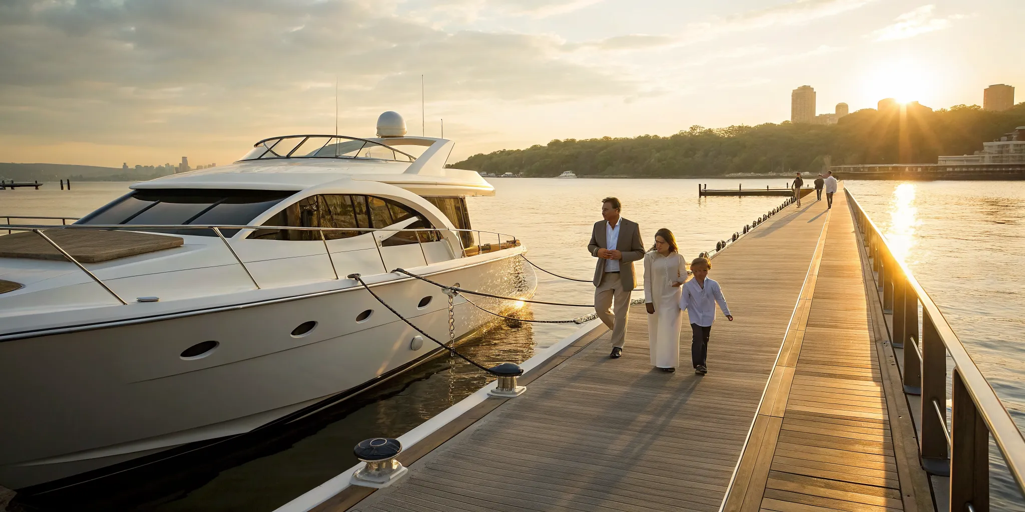 Family on a dock by their private boat charter in NYC at sunset.