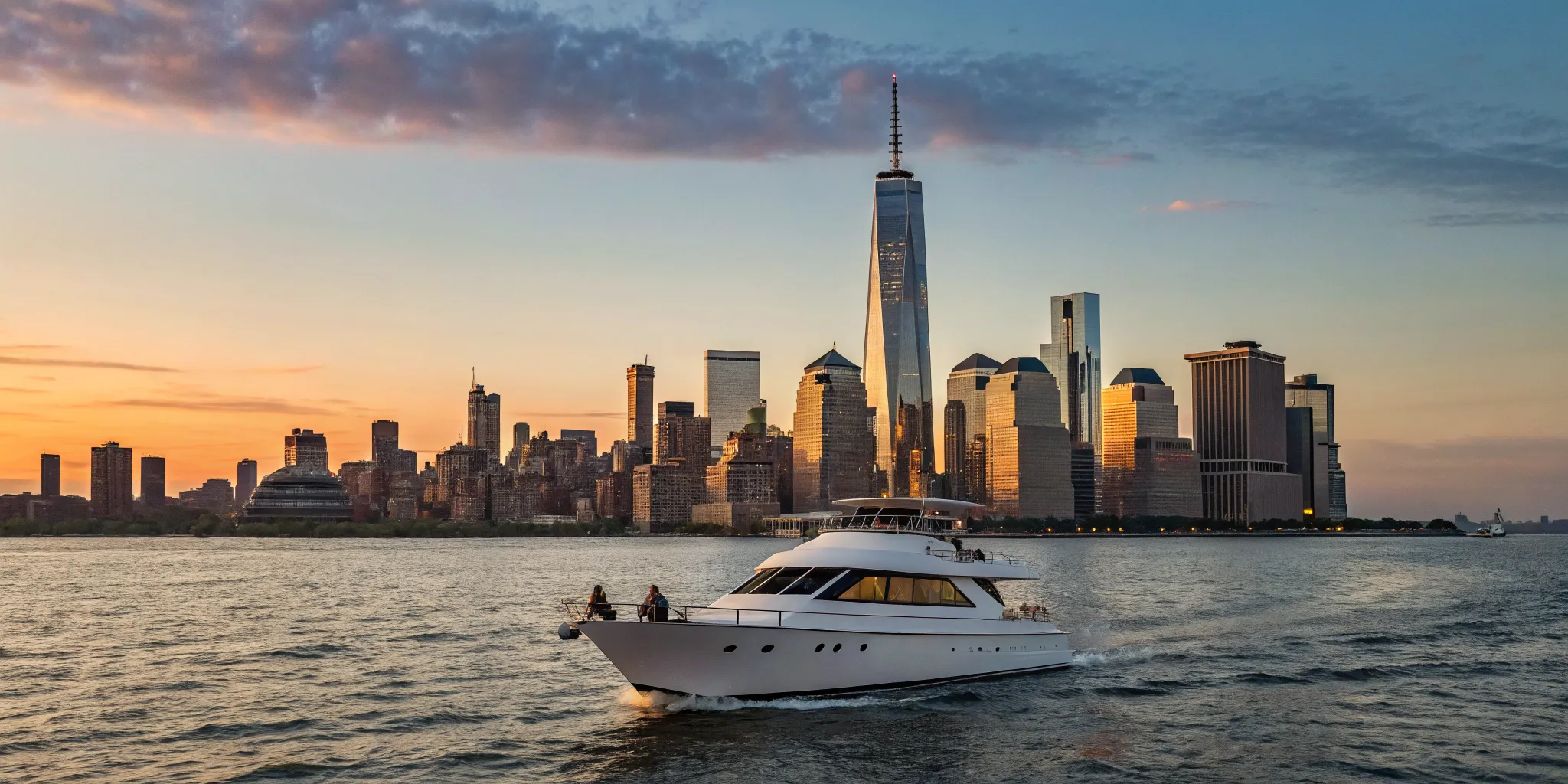 Surprise proposal on a romantic yacht in NYC at sunset with skyline views.