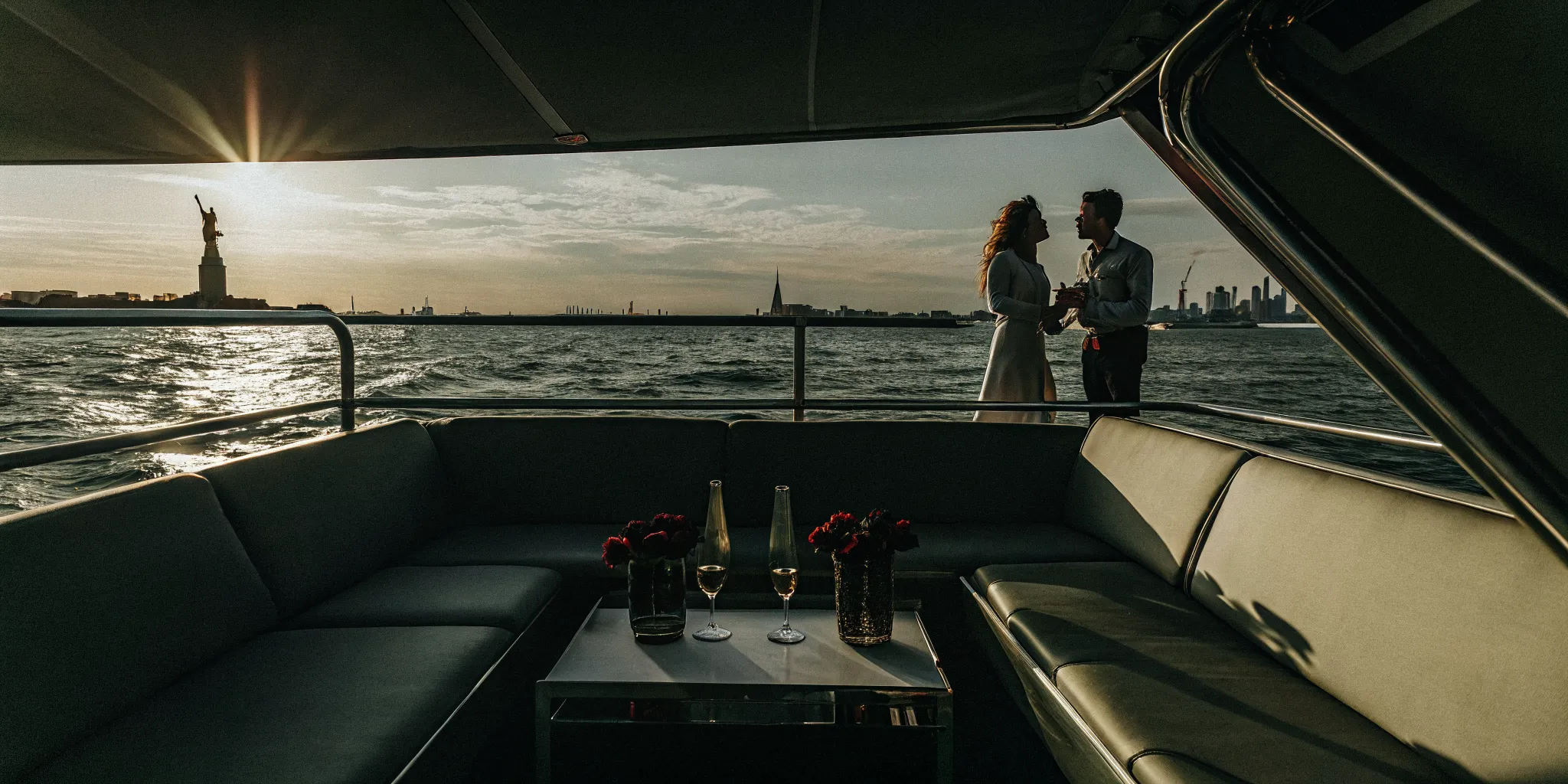 Luxury yacht on the Hudson River at golden sunset with Manhattan skyline for a romantic NYC proposal