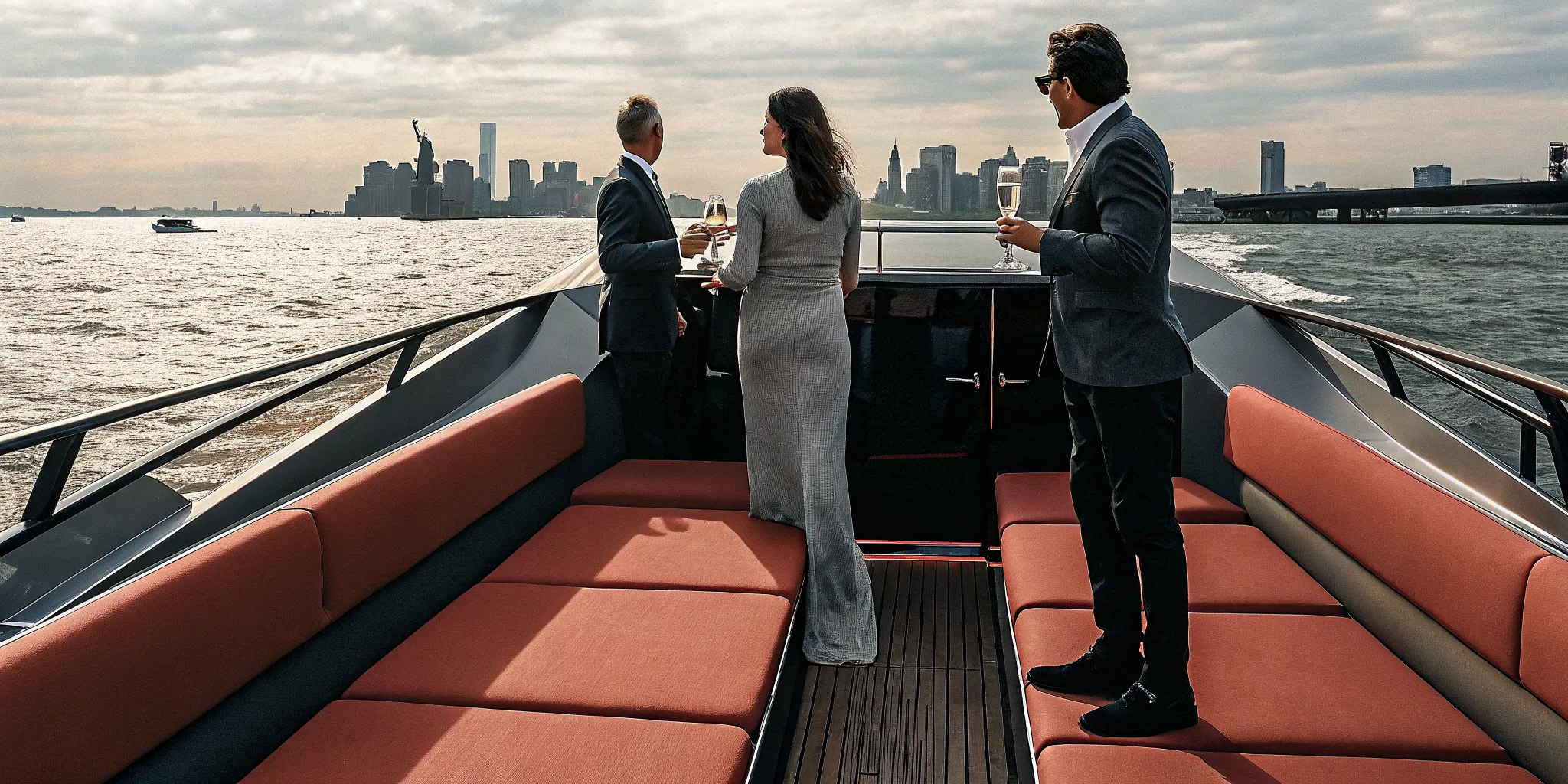 A group of corporate professionals networking on a luxury yacht charter in New York Harbor with the Manhattan skyline in the background