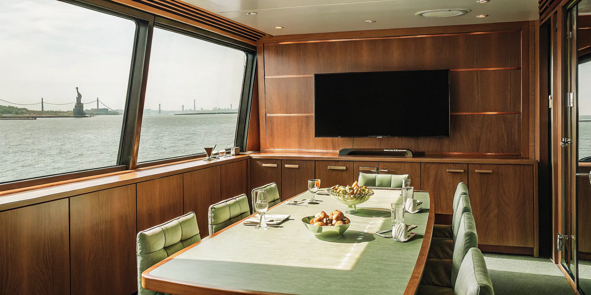 Modern luxury yacht interior with conference table and catering setup for corporate events in New York Harbor