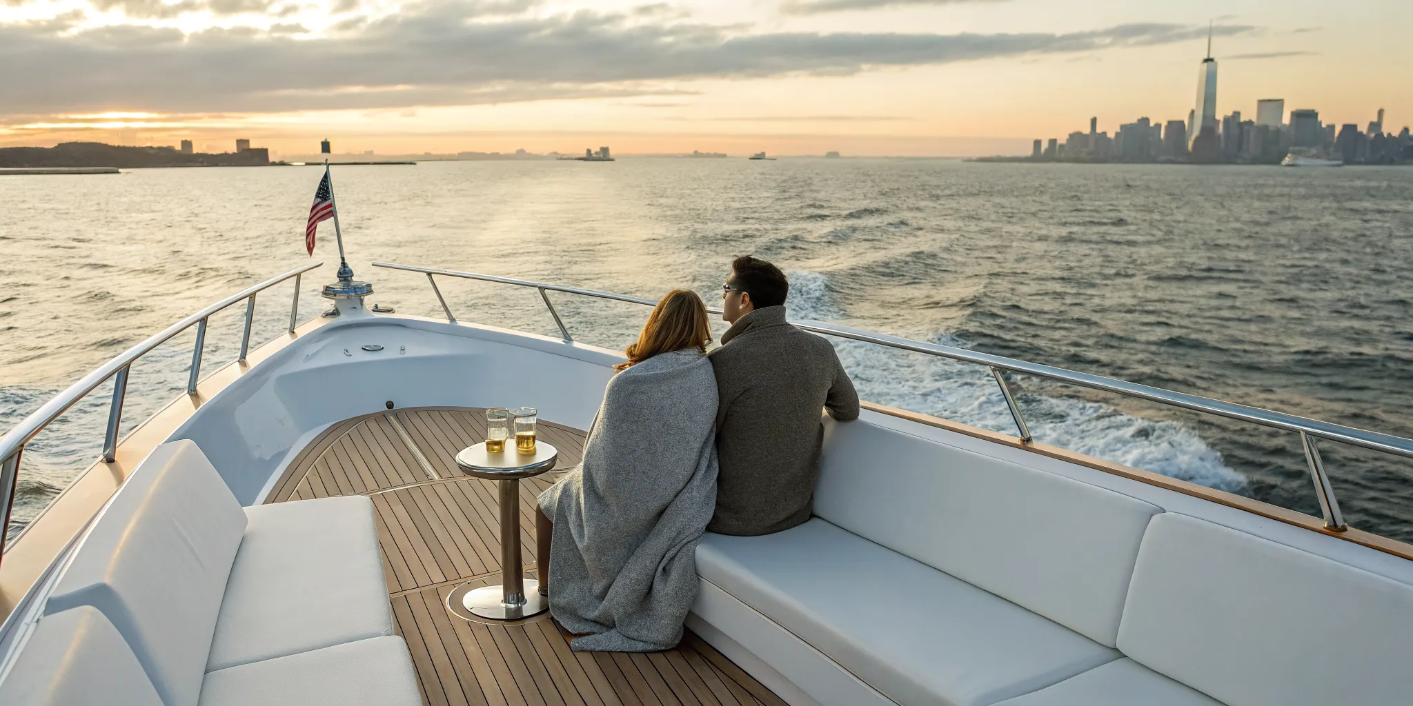 A couple on a private romantic sunset cruise for two enjoying the NYC skyline.