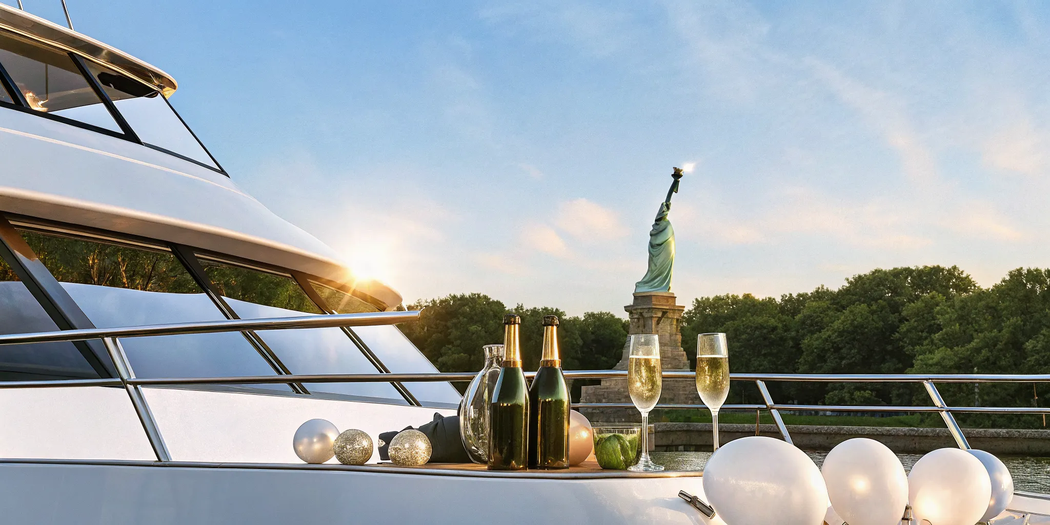 Luxury private yacht cruising past the Statue of Liberty at sunset on the Hudson River in New York City