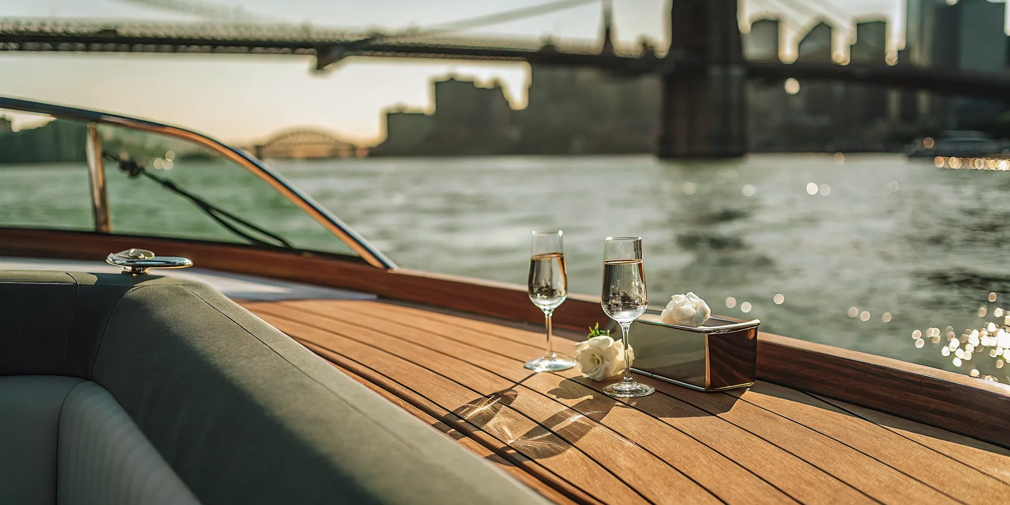 A romantic NYC boat proposal package with champagne and roses overlooking the skyline.