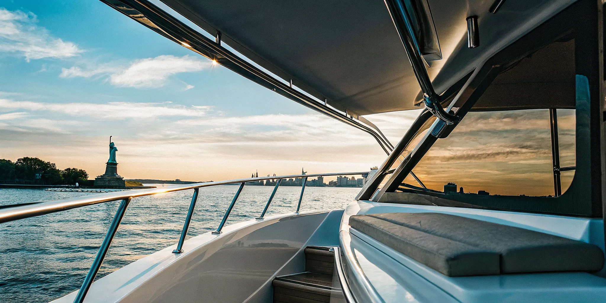 A private luxury yacht charter sailing on the Hudson River in NYC at sunset with the Statue of Liberty and Manhattan skyline