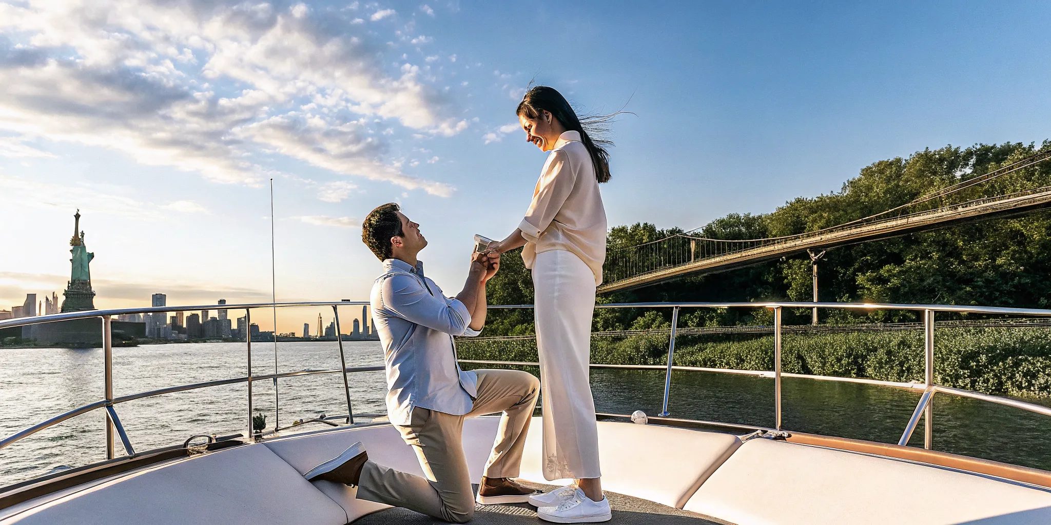 Couple on luxury yacht at sunset with Manhattan skyline backdrop for engagement proposal