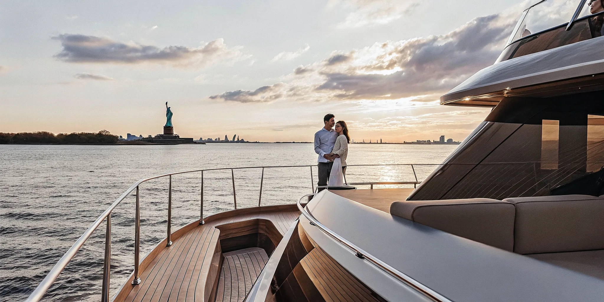 Luxury yacht on the Hudson River at golden hour with New York City skyline backdrop for a romantic proposal