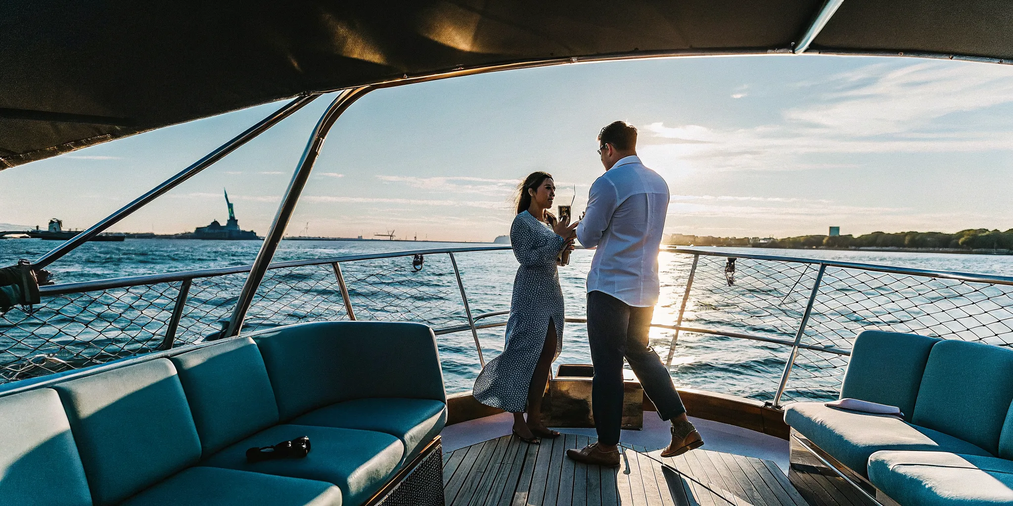 Private yacht proposal on the Hudson River at golden hour with the Manhattan skyline in the distance