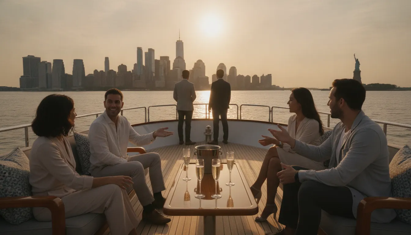 Small corporate group relaxing on a private yacht deck with the Manhattan skyline behind them