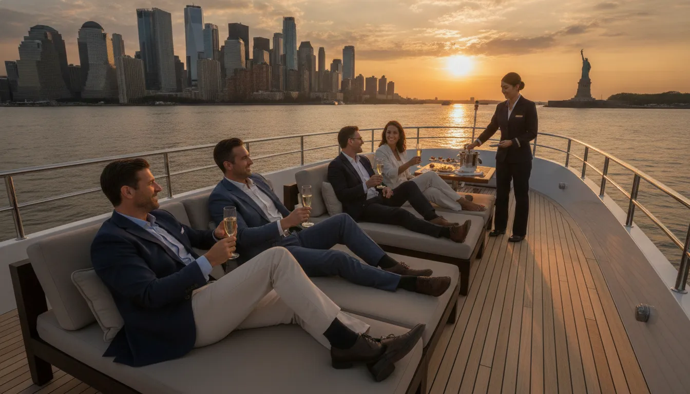 Private luxury yacht cruising the Hudson River at golden hour with corporate executives relaxing on deck and the Manhattan skyline behind