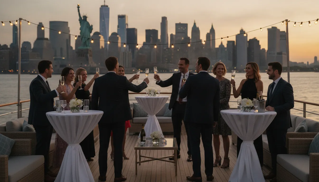 Private catamaran celebrating a corporate anniversary on the Hudson River with the NYC skyline