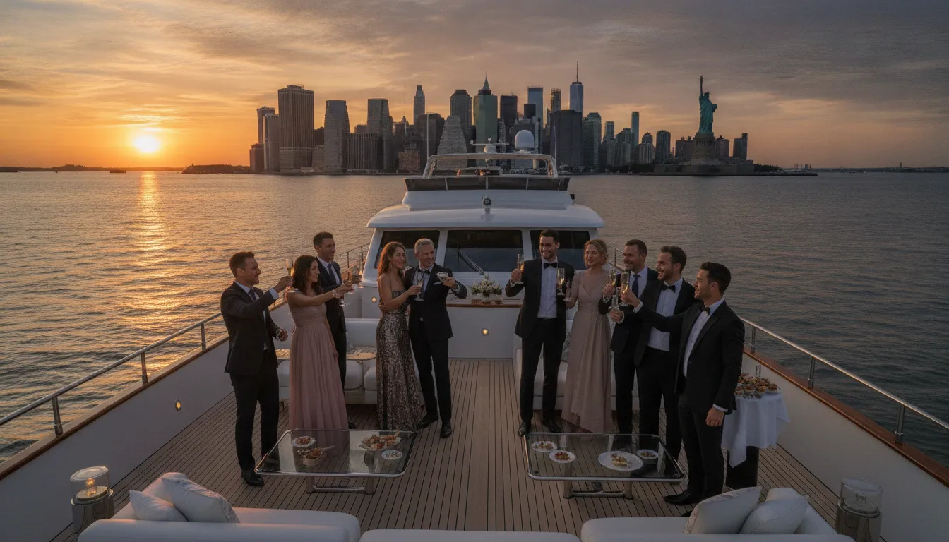 Private 30th birthday yacht charter on the Hudson River with the Manhattan skyline behind