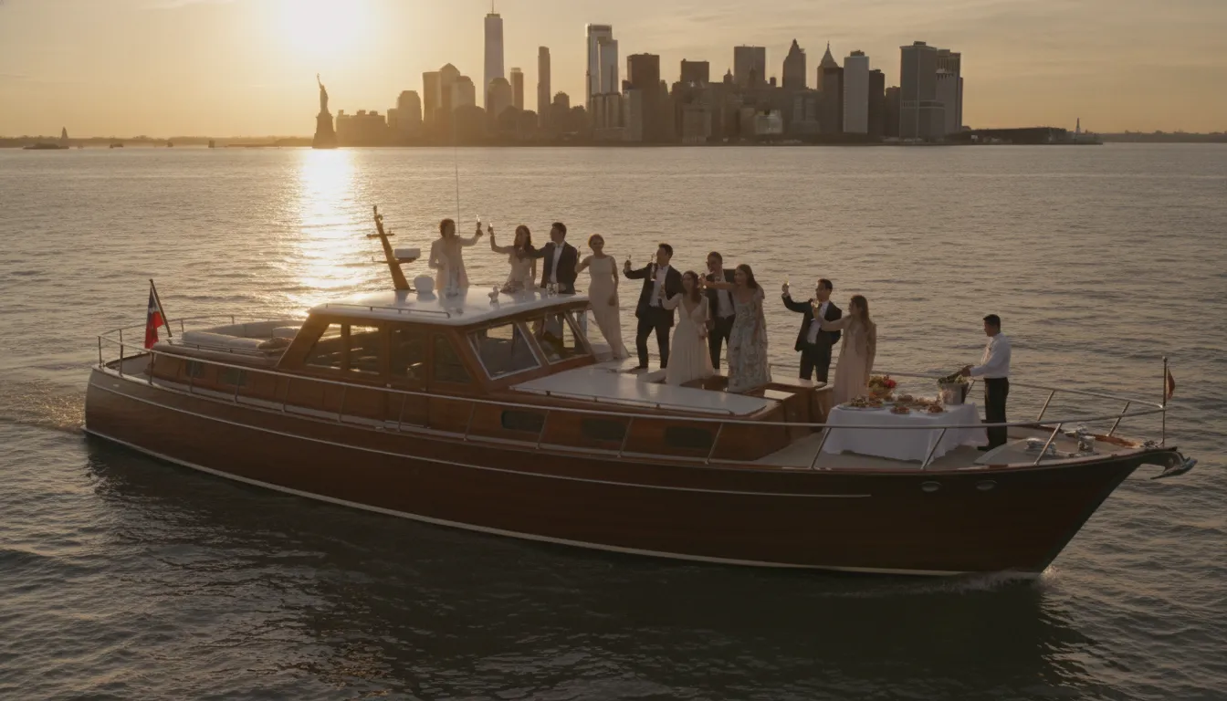 Private yacht cruising the Hudson River with the Manhattan skyline at sunset for a 30th birthday celebration