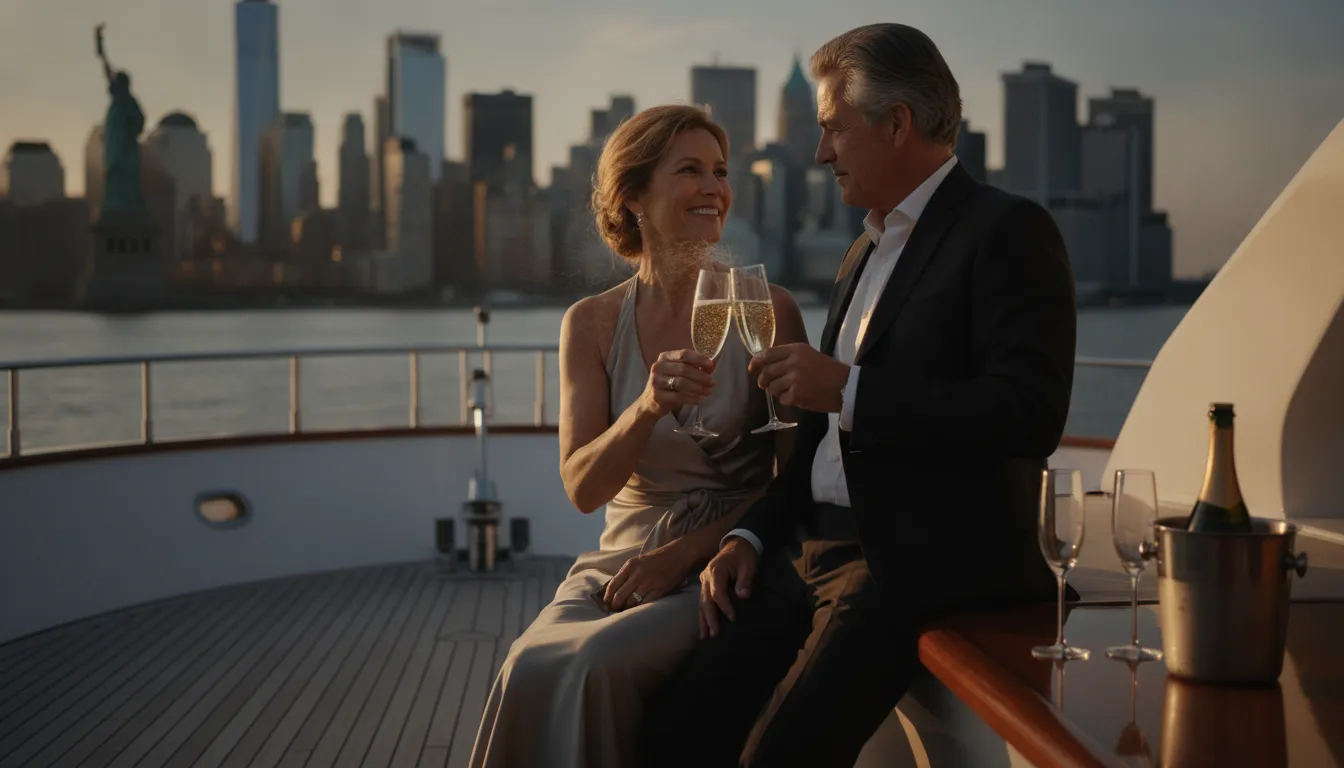 Couple toasting on a private luxury yacht at sunset in New York Harbor with the Manhattan skyline