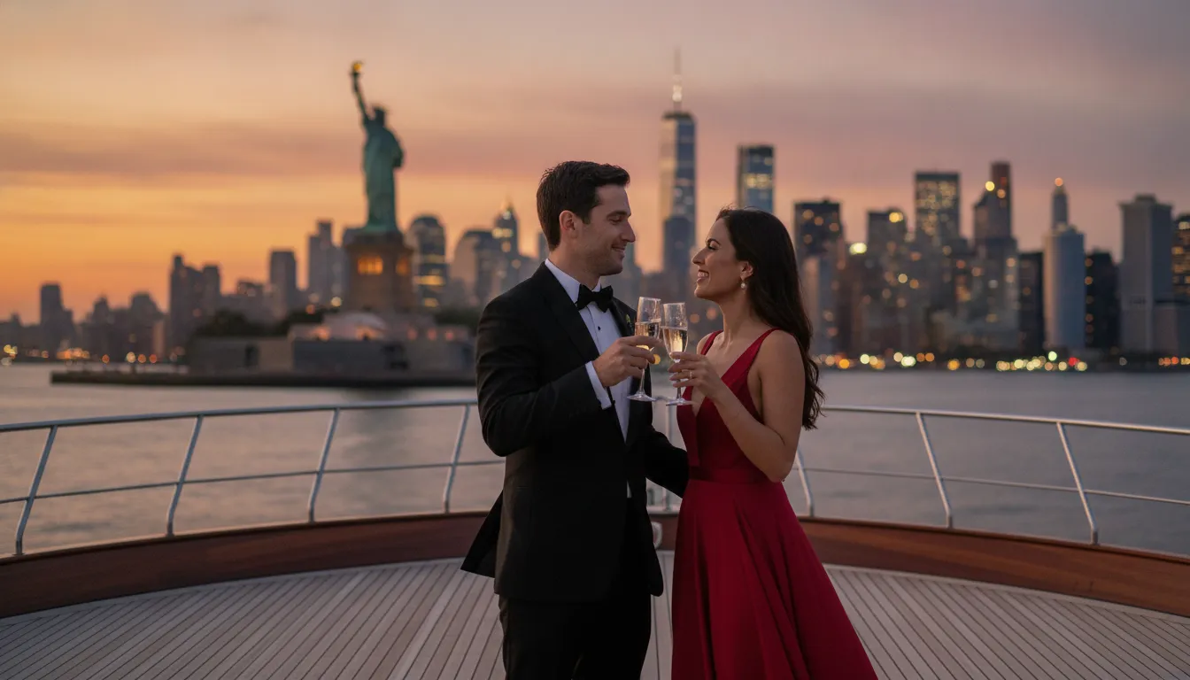 Anniversary guests toasting on a private yacht deck at sunset in New York Harbor