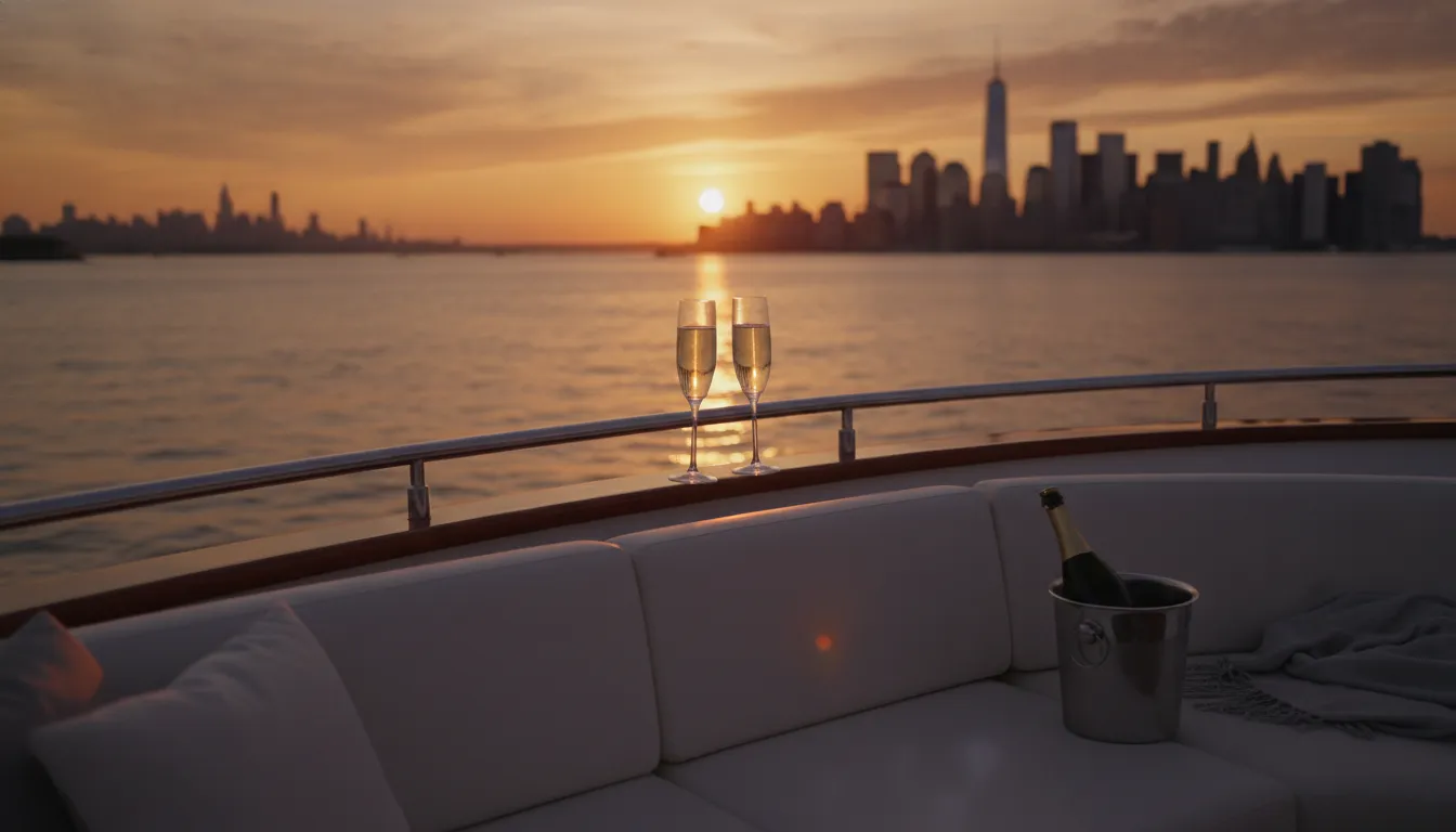 Private luxury yacht cruising the Hudson River at golden hour with the Manhattan skyline behind it